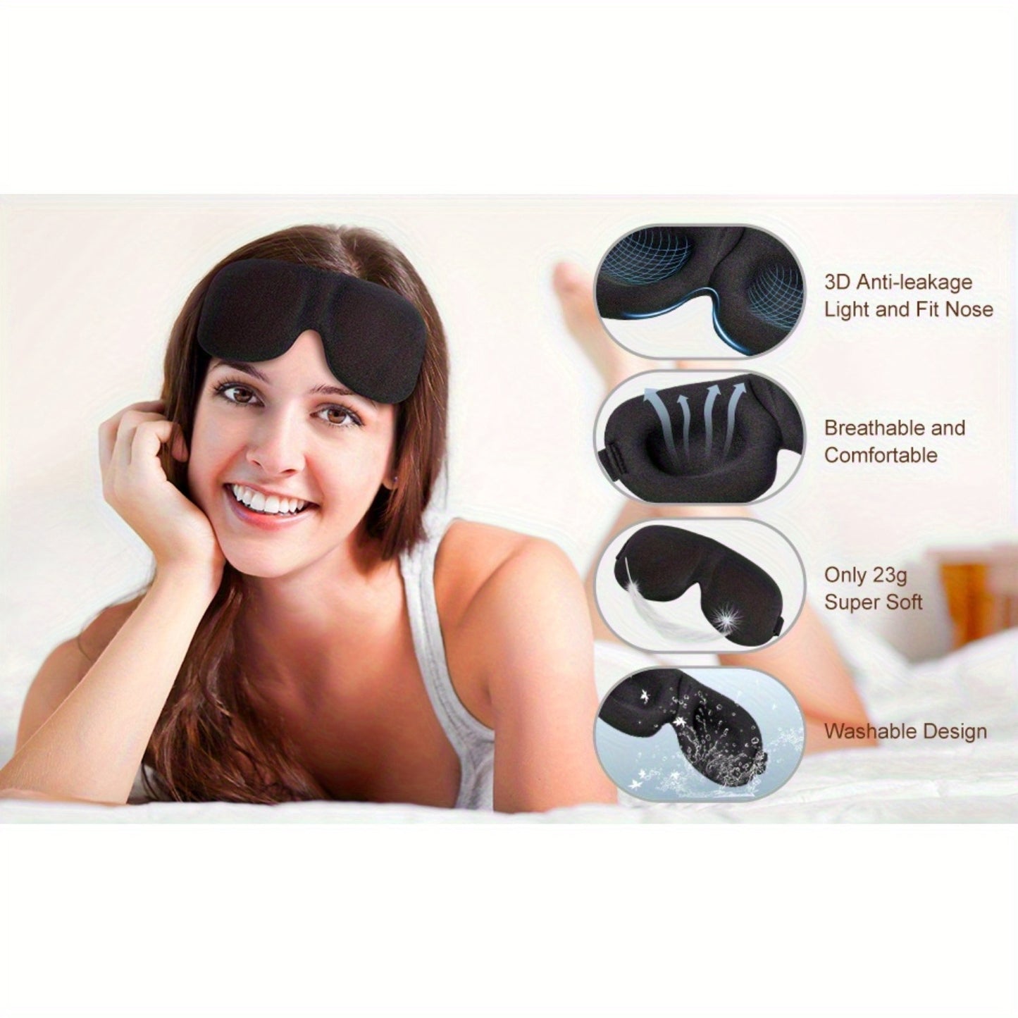 1pc 100% Blackout 3D Contoured Sleep Mask with Adjustable Strap - Soft Sponge Eye Cover for Back & Side Sleepers, Light Blocking for Travel, Naps & Night Sleep - Men & Women (Blue\u002FBlack), Sleep Eye Mask, Comfortable Night Rest, Gentle On Light Beige